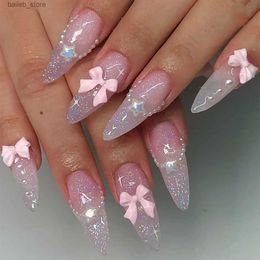 False Nails 24Pcs Almond Gradient Pink French Press on Nails With Bow Pearl Design Fake Nails Ballerina False Nails Full Cover Nail Tips Y24041967HG