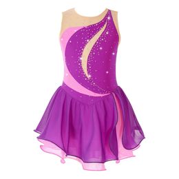 Kids Girls Ballet Tutu Dress Sleeveless Figure Skating Shiny Rhinestone Gymnastics Dance Leotard Stage Performance Dance Costume 240411