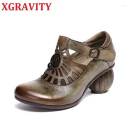 Dress Shoes XGRAVITY C029 Abnormal Lantern Ball Cut Out Women Casual Round Toe Genuine Leather Retro High Heel For Ladies