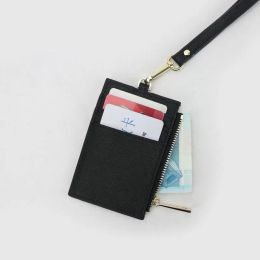 Holders Leather Card Holder Zip Long Strap Small Wallet Work Name Card Holder