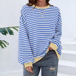 Women's Blouses Regular Fit Round Neck Blouse Chic Oversized Striped Colour Block T-shirt Collection Crew Pullover Tops Long Sleeve