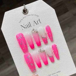 False Nails 10Pcs Pink Long Ballet Handmade Press On Nails French Rhinestones Wearable False Nails Gradient Decoration Fake Nails Tips Art Y240419