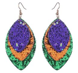 Dangle Chandelier Layered Gold Purple Green Glitter Leather Marquise Earrings For Women Mardi Gras Carnival Jewellery Gifts Wholes9787881