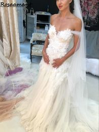 Romantic Off The Shoulder 3D Flowers Mermaid Wedding Dresses Sleeveless Appliques Lace Country Bridal Gowns