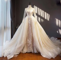 Light Champagne Ivory Real Image Wedding Dress Long Removable Train Hem Appliques Long Sleeves Saudi Arabia Formal Brides Gowns5216580