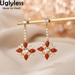 Dangle Earrings Uglyless Natural Agate Floral For Women Sparkly Zircons Crystals Square Brincos Elegant 925 Silver Studs Gold