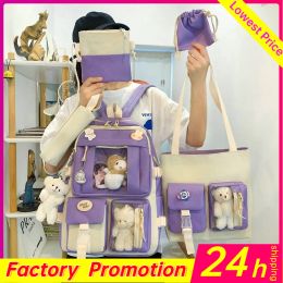 Backpacks 4pcs/Set New Japanese Girls Aesthetic Backpack Cute School Bags For Student Teenagers Girls Pockets Kawaii Women Laptop Backpack