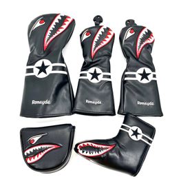 Golf PU Leather Wood Head Cover Golf Driver Fairway Wood Hybrid Head covers Shark Cartoon Pattern Golf Club Protective Sleeve 240415