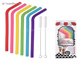 6pcs2brushset 23CM Candy Colours Silicone Straw Reusable Folded Bent Straight Straw Home Bar Accessory Silicone Tube BJ173531049