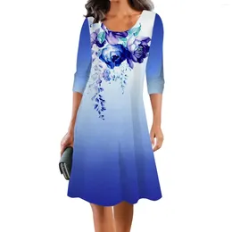 Casual Dresses Women's Fashion-forward And Trendy Flower Print Large Size Long Sleeved Mid Length Dress