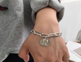 Charm Bracelets Punk Style Unisex Vintage Carved Coin Circle Thick Chain Tassel Pendant Double Layer Bangles Fashion Accessories7287887