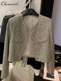 Women's Jackets High-end Shining Silk Woven Tweed Silver Grey Short Coat 2024 Spring Clothes Fashion Round Neck Long Sleeve Tops