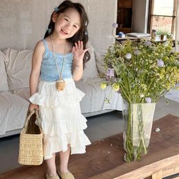 Clothing Sets Korean Summer Children Girl 2PCS Clothes Set 2024 Argyle Sleeveless Tee Solid Elstic Waist Irregular Cake Skirt Baby Outfit