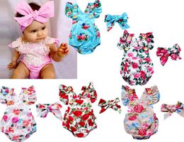 Infant baby girls floral rompers set Bodysuit with headbands Ruffles sleeve 2pcs set buttons summer Ins briefs 02years3107053