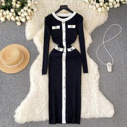 Casual Dresses Women's Fashion Elegant Single Chest Long Sleeve Striped Dress Sexy Knitted Elastic Slim Fit Hip Wrap Sweater