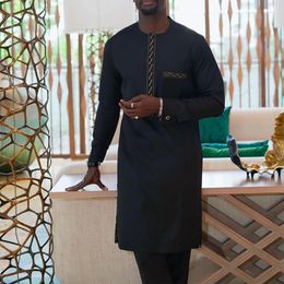 Elegant Mens Suits Embroidered Tops Pockets Pants Casual 2pcs Sets African Casual Traditional Wear Wedding Man Clothing Outfits 240407