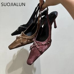 SUOJIALUN Spring Women Sandal Shoes Fashion Rivet Ladies Elegant Thin High Heel Dress Pumps Shoes Shallow Slip On Slingback Shoe 240415