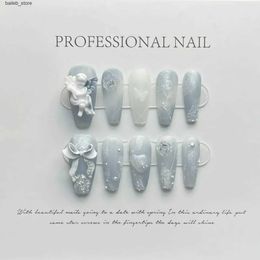 False Nails 10 pieces of blue handmade acrylic nail set press professional full set of nail tips ergonomics angel rose design wearable fake nails Y240419 Y240419