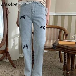 Women's Pants Neploe 2024 Spring Bow Print Diamond Jeans Fashion Vintage High Waist Blue Denim Y2k E-Girl Loose Wide Leg