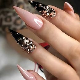 False Nails 24pcs Punk Style Fake Nails Pink Black Pointed Diamond Design False Nail Patch for Girl Women Wearable y2k Style Press on Nails Y240419