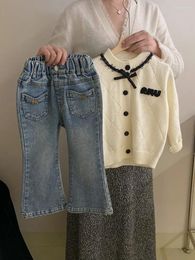 Clothing Sets 2024 Girls Spring Autumn Two Piece Diamond Bead Studded Cardigan Sweater Jeans Loose Soft Fashion All-match Outdoor