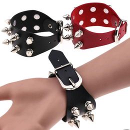 Charm Bracelets Leather Bracelet Unique Four Row Cuspidal Spikes Rivet Stud Wide Punk Gothic Rock Uni Cuff Bangle Jewellery Drop Deliver Otykn