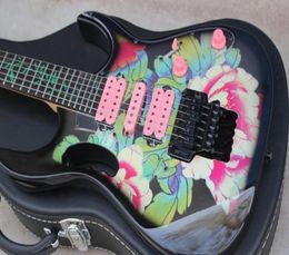 24 Frets 77FP2 Steve Vai Flower Pattern Electric Guitar Green Vine Inlay Black Floyd Rose Tremolo HSH Pink Pickups1394486