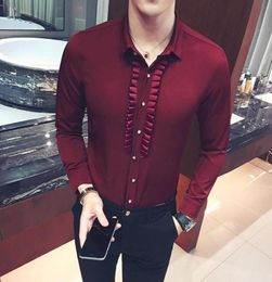 Whole Pleated Mens Dress Shirt Party Wedding Social Shirts Pattern Men Fitted Male Shirt Black Wine Red White Metrosexula Di1891295963886