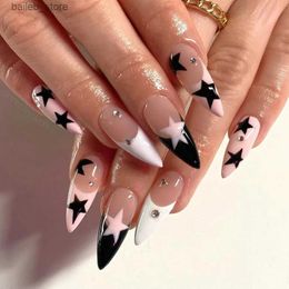 False Nails 24pcs Y2k Five-pointed Star Press on nail Wearable Pink French Almond False Nails Tips Full Cover Wearable Fake Nails Patch Y240419YZRF