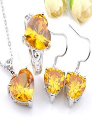 Luckyshine Lady Jewelry Set Golden Citrine Heartshaped Crystal Cubic Zirconia 925 Silve Engagement Pendants Earrings Rings9163721