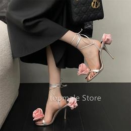 Luxury designer imitation Pearl Rose stiletto sandals Party dress shoes Leather ankle strap open-toe high heel sandals for women's wedding shoes