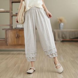 Women's Pants Arrival Summer Arts Style Women Lace Patchwork Cotton Linen Ankle-length Casual Loose Elastic Waist Harem S149