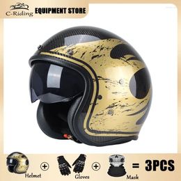 Motorcycle Helmets Carbon Fibre /4 Open Face Capacete Vintage Men And Women Four Seasons Half Helmet With Inner Visor