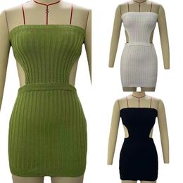 Knitted Tube Top Skirt Summer Womens Solid Colour Hollow Out Sexy Backless Sheath Dress