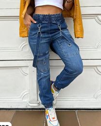 Women's Jeans O-Ring Decor Pocket Design Denim Suspender Jumpsuit Women Overall Pants Fashion Casual High Waist