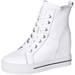 Casual Shoes Women Genuine Leather 8cm Hidden Wedge Sneakers Platform High Heels Woman White Trainer