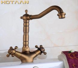 Basin Faucets Antique Brass Bathroom Sink Faucet 360 Degree Swivel Spout Double Cross Handle Bath kitchen Mixer and Cold Tap T8718146