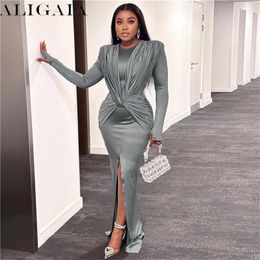 Casual Dresses Aligaia 2024 Fall Winter Women O-neck Long Sleeve High Waist Cross Folds Dress Elegant Grey Bodycon Slit Party Evening Wear