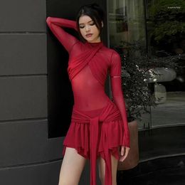 Casual Dresses Sheer Mesh Cross Lace Up Mini Dress Women Sexy See Through Turtleneck Long Sleeve A-line Night Club Party 2024