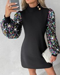 Casual Dresses 2024 Spring Autumn Women Dress Vintage Solid Sequins Lantern Sleeve Half High Collar A-Line Office Lady Party