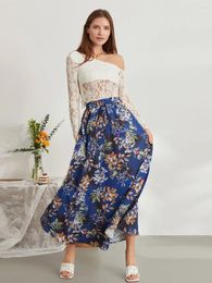 Skirts Wsevypo Boho Floral Print Swing Long For Spring Summer Women Ladies High Elastic Waist Tie-up A-Line Flared Skirt