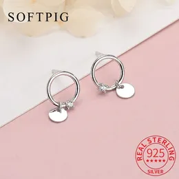 Stud Earrings SOFTPIG Real 925 Sterling Silver Zircon Round Geometric For Women Classic Fine Jewellery Minimalist Accessories