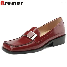 Dress Shoes ASUMER 2024 Size 34-43 Genuine Leather Basic Woman Fashion Ladies Slip On Pumps Square Med Heels