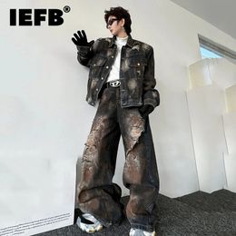 IEFB Spring Mens Painted Denim Set Jacket With Holes Straight Jeans Loose Fitting Sets High Street Two-piece Suit 24X4256 240415