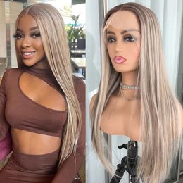 Highlight Blonde Platinum Straight Lace Front Wig Synthetic Hair for Women Glueless Lace Frontal Wig Pre Plucked Blonde Coloured 240409