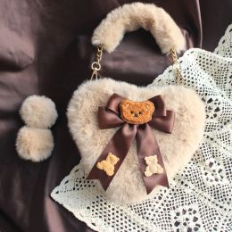 Bags Fanchila Lolita Women's Bag Heart Shaped Plush Handbag Bow Cute Bear Plush Bag Girl JK Bag