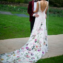 Gorgeous V-Neck Sleeveless 3D Flowers A-Line Wedding Dresses Backless Floral Appliques Lace Country Bridal Gowns