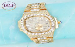 Baguette Men039s Watch Gold Color Irregular Square Big Dial Military Quartz Clock Luxury Rhinestone Business Waterproof Wrist W8660512