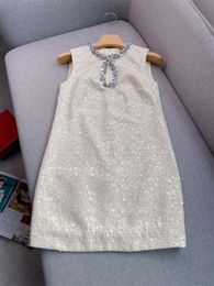 Spring Summer Ivory Solid Color Beaded Tweed Dress Sleeveless Round Neck Rhinestone Hollow Out Short Casual Dresses h4A181701
