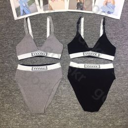 Sexy Halter Bra Slim Briefs Womens Alphabet Print Knit Suspenders Bikini Simple Summer Beach Swimsuit